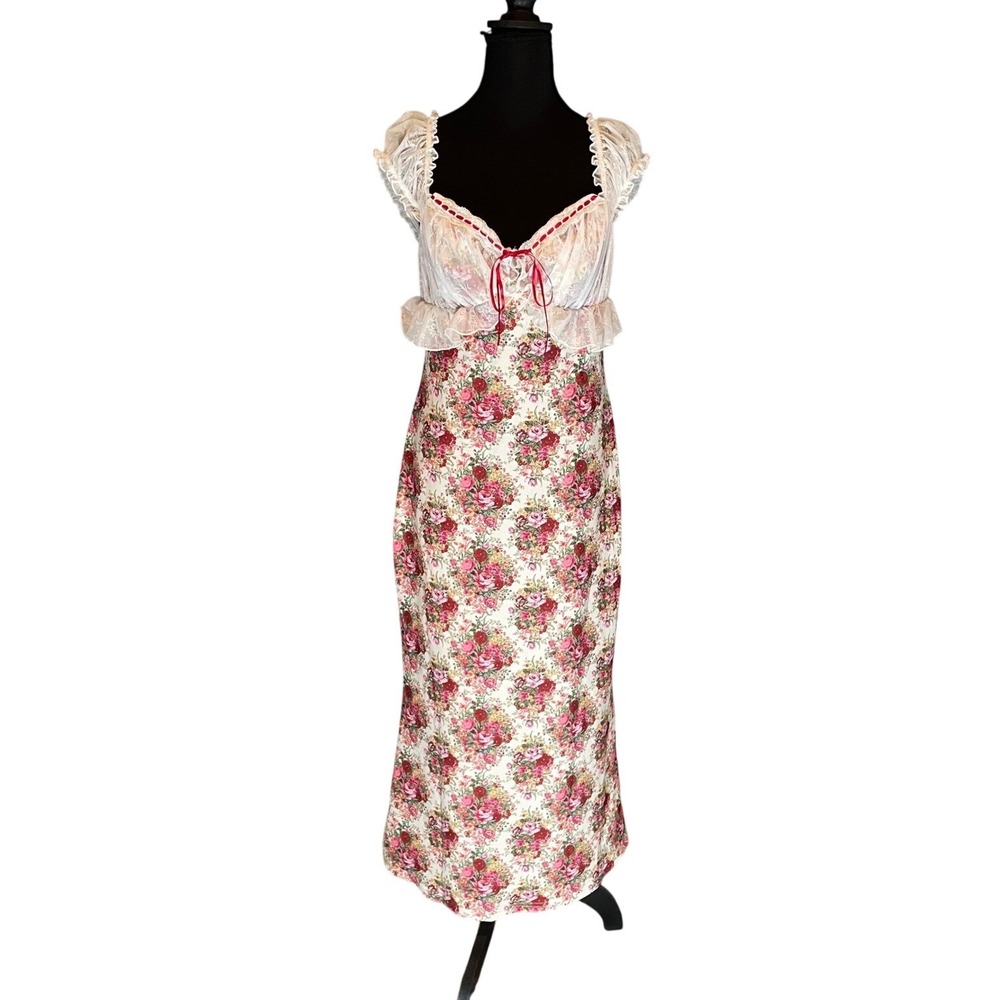 Floral Maxi Dress Pink Rose Lace Trim Ribbon Lg Romantic Goth Milkmaid Dainty